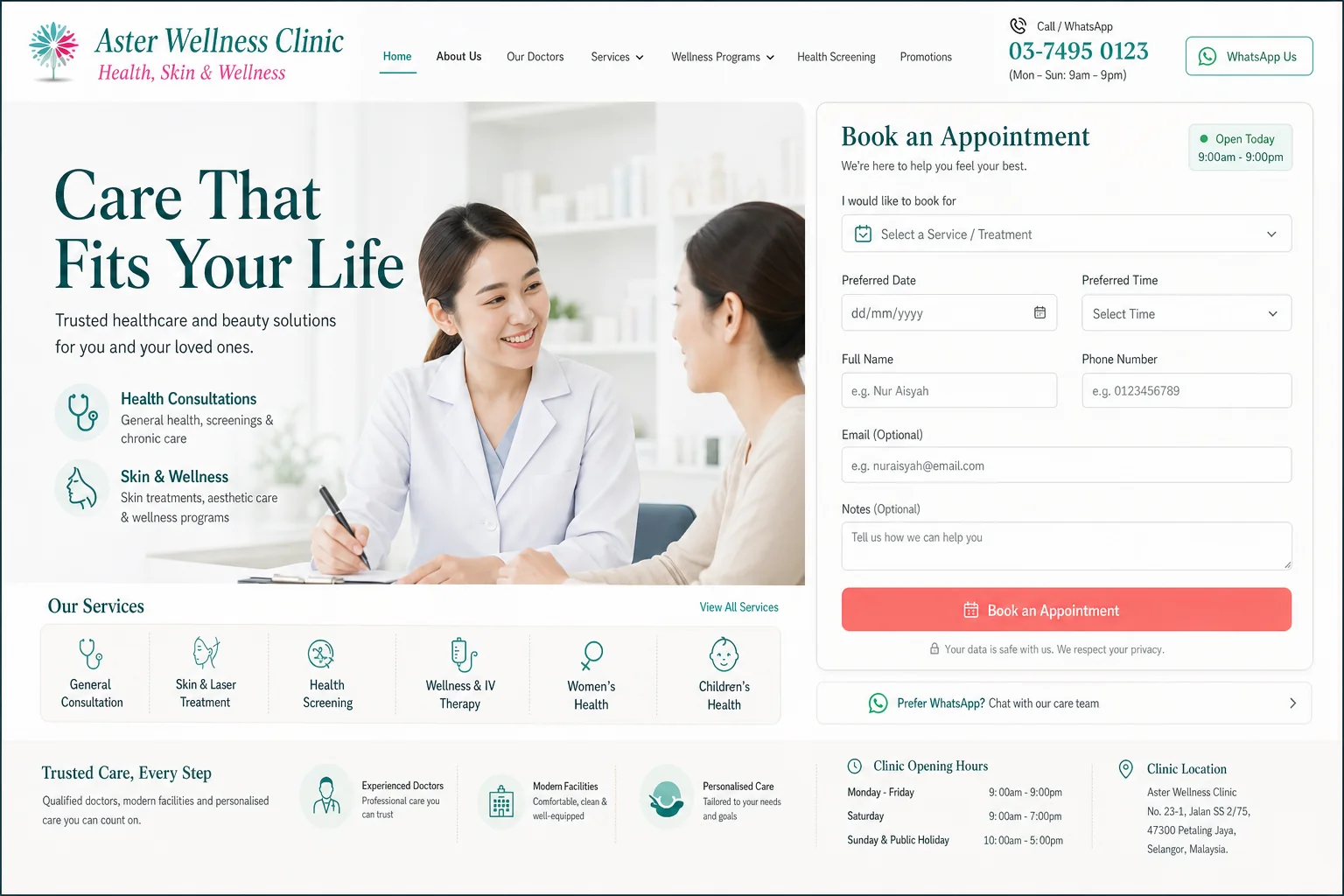 Clinic and wellness website redesigned from promotion-heavy clutter into a clear appointment journey