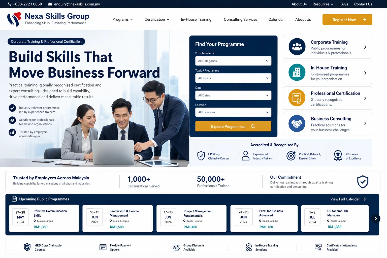 Corporate training website redesigned from a crowded course catalogue into a clear programme journey